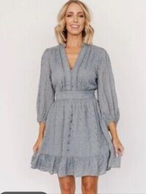 Baltic Born Harmony Embossed Dress Dusty Blue Large Boho Mini Dress NWT Cottage